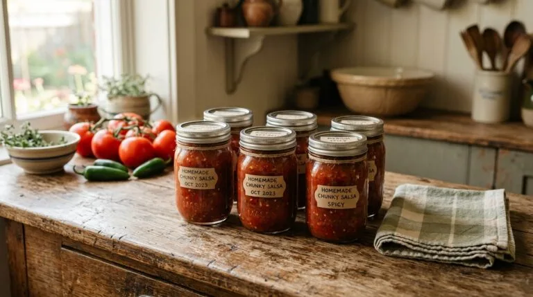 Six pint jars of freshly canned salsa cooling on a wooden kitchen counter