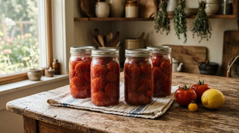 Four sealed jars of home-canned whole tomatoes cooling on a kitchen towel