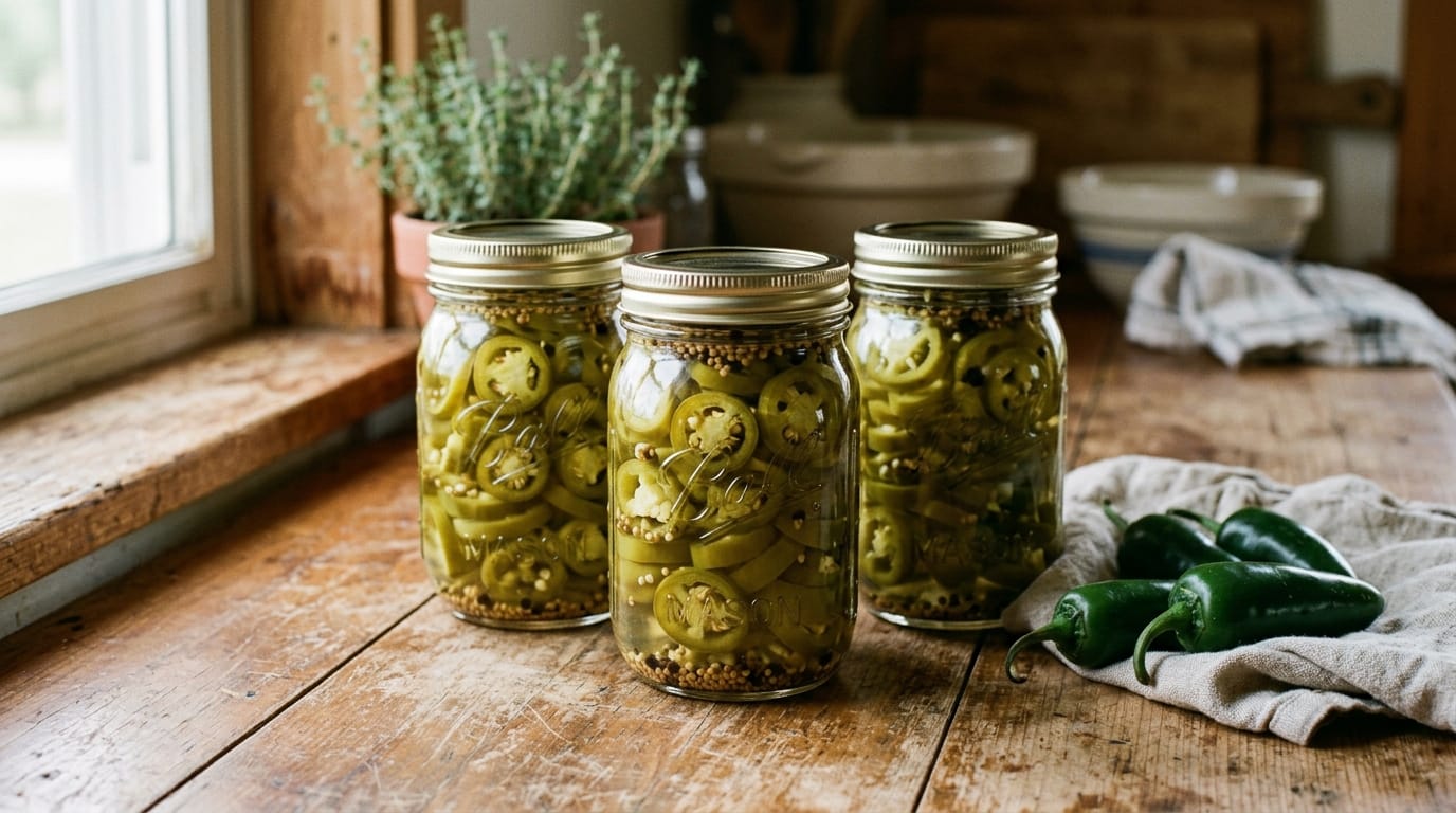 Pint jars of pickled jalapeno rings cooling on a wooden counter