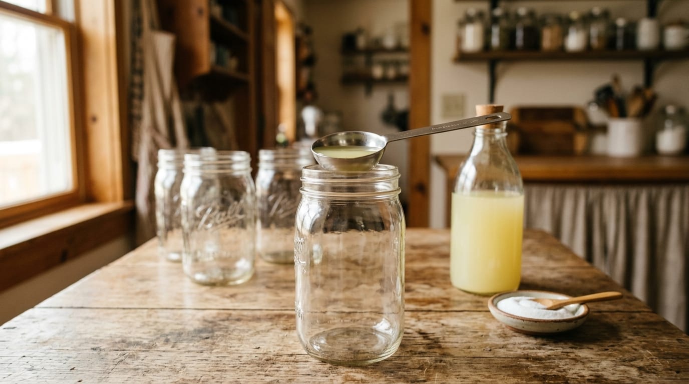 A tablespoon of bottled lemon juice being measured into an empty canning jar