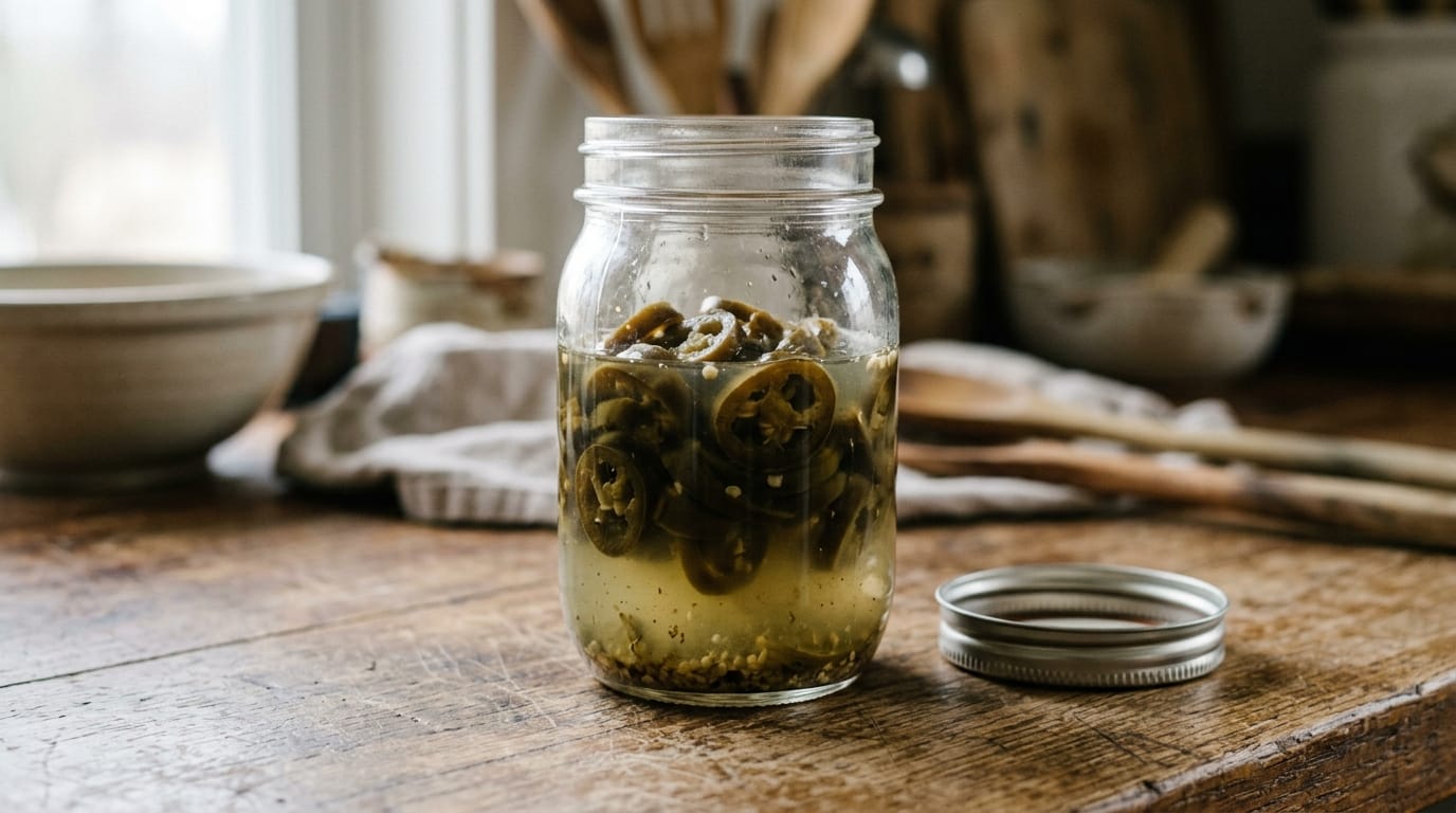 A jar of limp pickled jalapeno rings that have lost their crispness