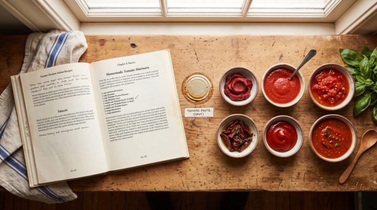 Tomato paste substitutes including tomato sauce, puree, ketchup, canned tomatoes, and sun-dried tomatoes arranged beside an open recipe.
