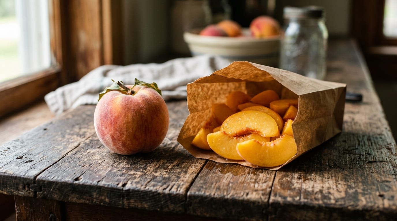 Dated freezer containers of peaches stacked in a chest freezer