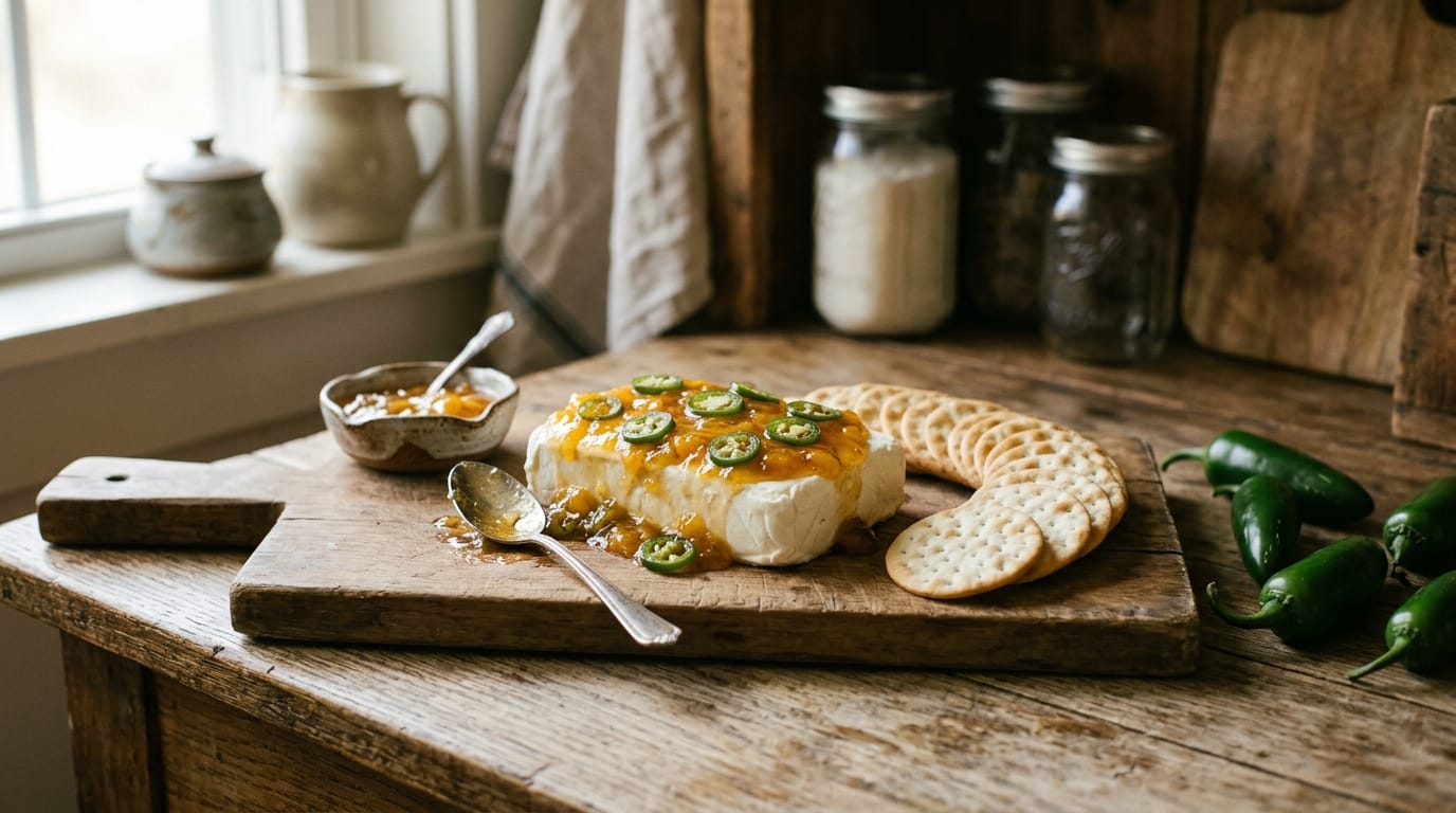 Peach jam with sliced jalapenos on a board beside cream cheese