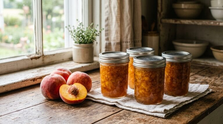 Half-pint jars of homemade peach jam cooling on a wooden counter