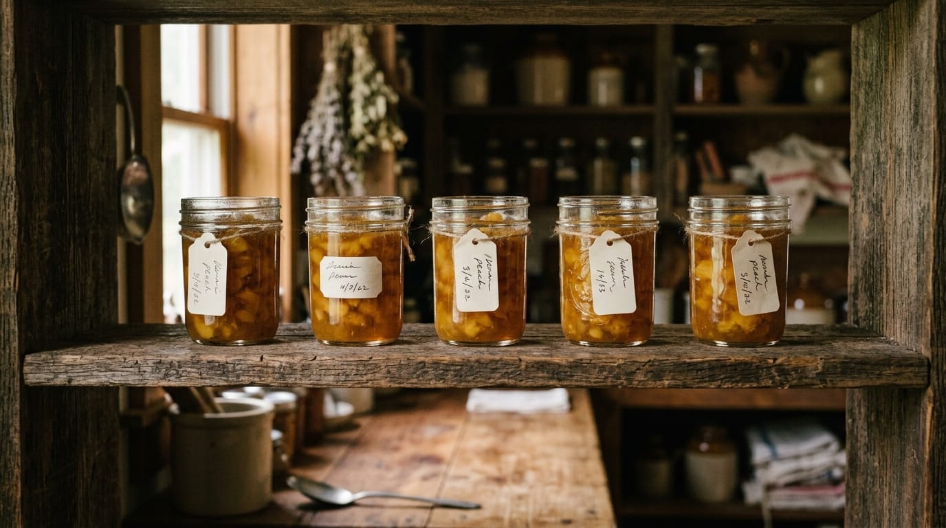 Sealed dated half-pint jars of peach jam on a pantry shelf