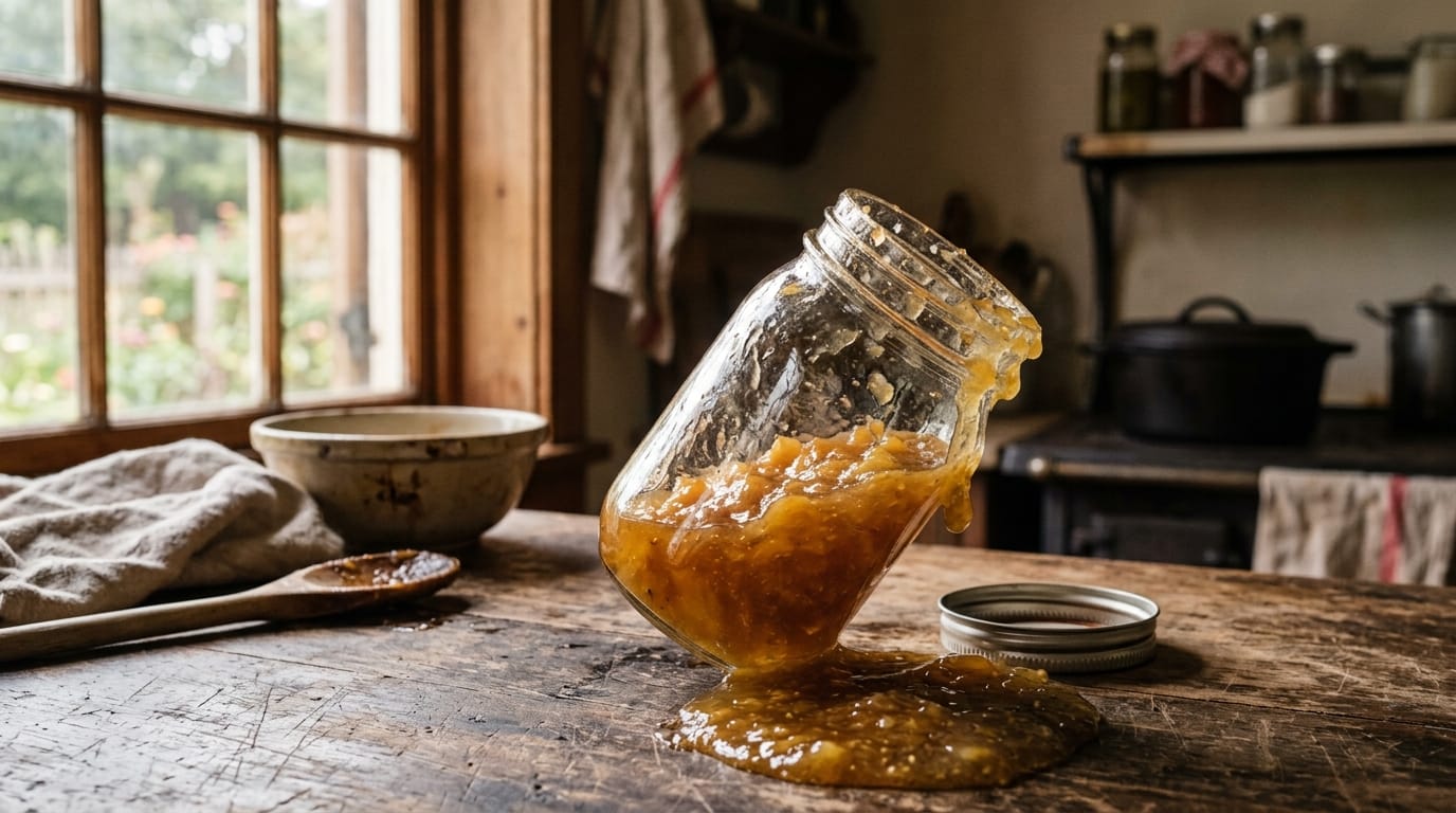 A tilted jar of runny peach jam that has not set