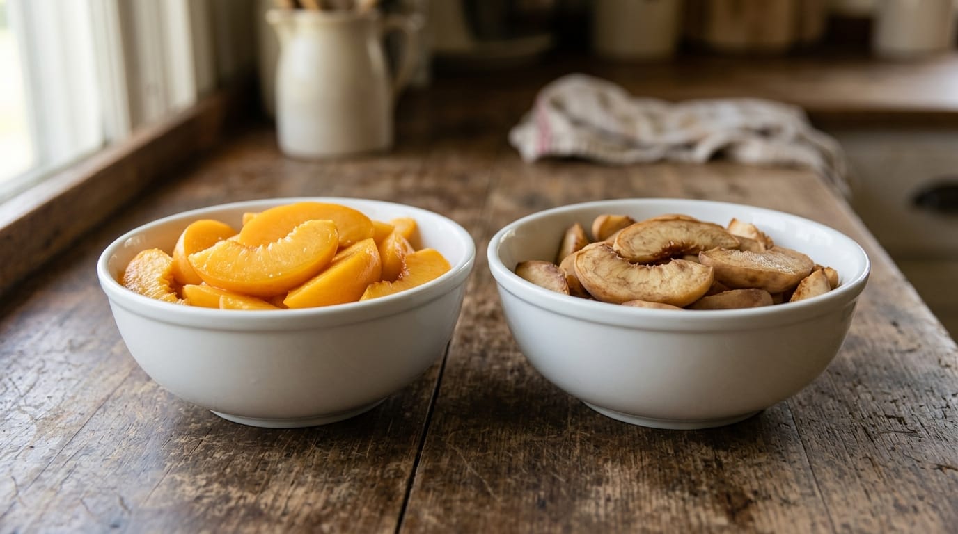 Two bowls of sliced peaches, one bright orange and one browned