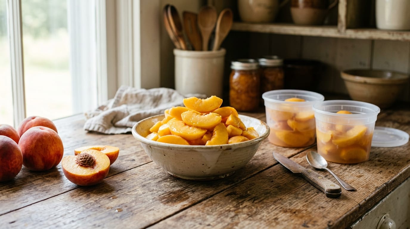 Bright peach slices being packed into freezer containers on a wooden counter