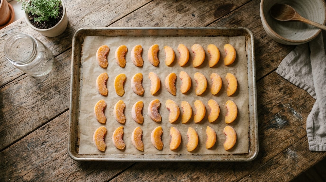 Peach slices frozen in a single layer on a baking sheet