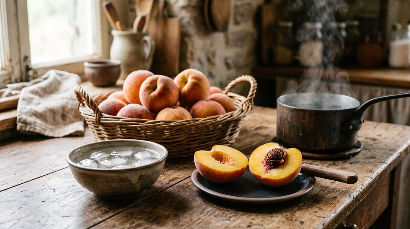 Ripe freestone peaches in a basket beside a bowl of ice water