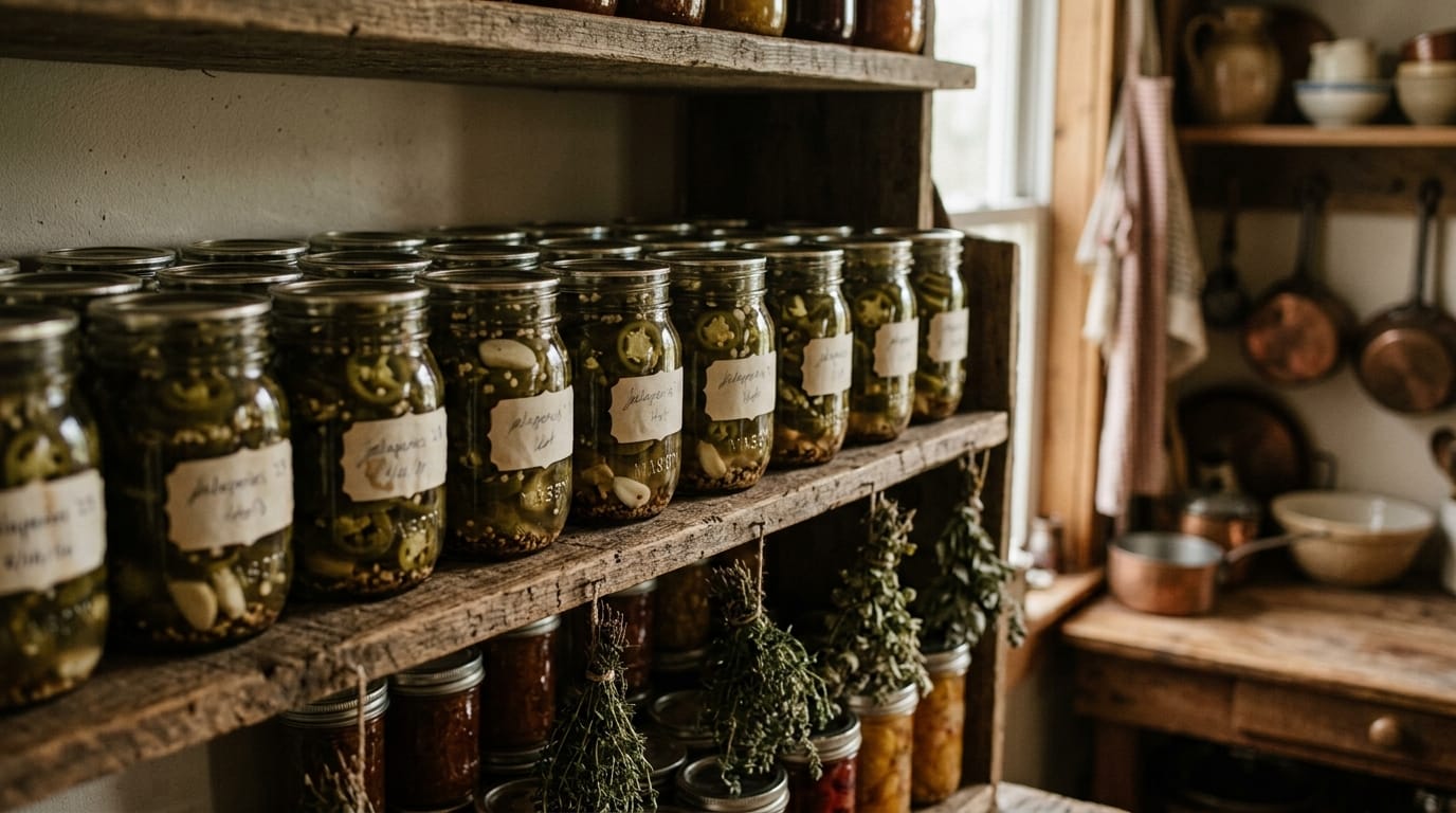 Sealed dated jars of pickled jalapenos on a pantry shelf