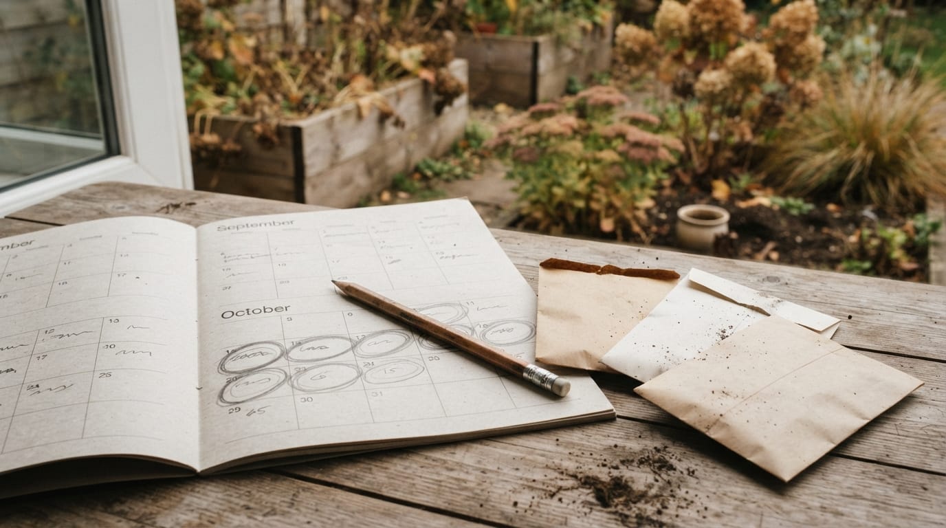 A calendar page with sowing dates marked beside seed packets