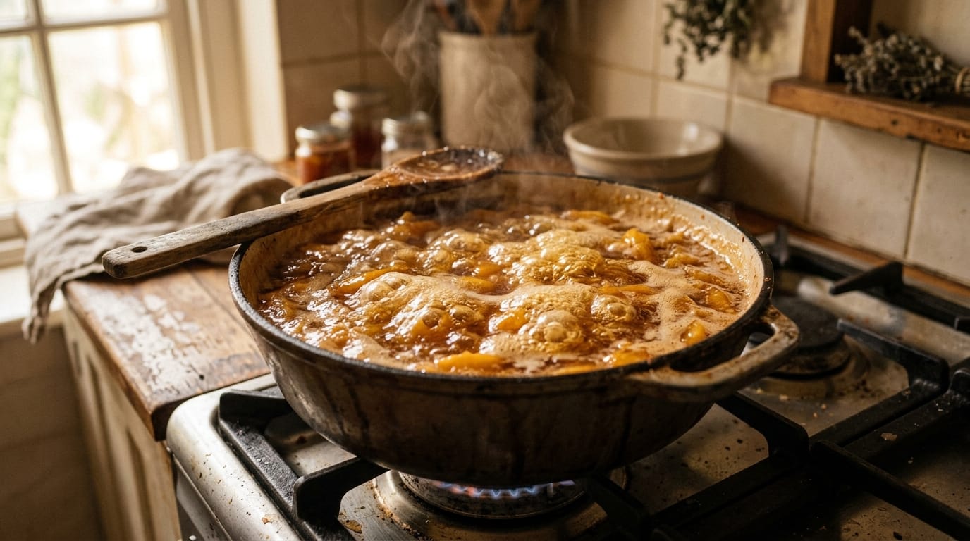 Peach jam at a rolling boil in a wide heavy pot