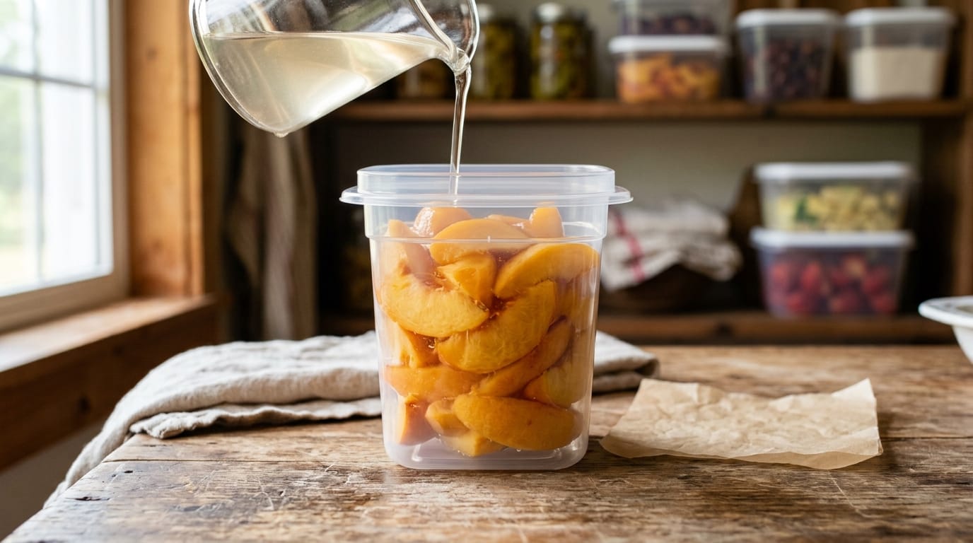 Peach slices being covered with cold syrup in a freezer container