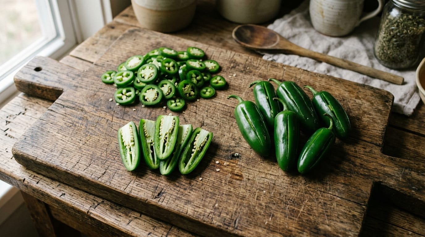 Jalapenos cut three ways: rings, slit whole peppers and quartered