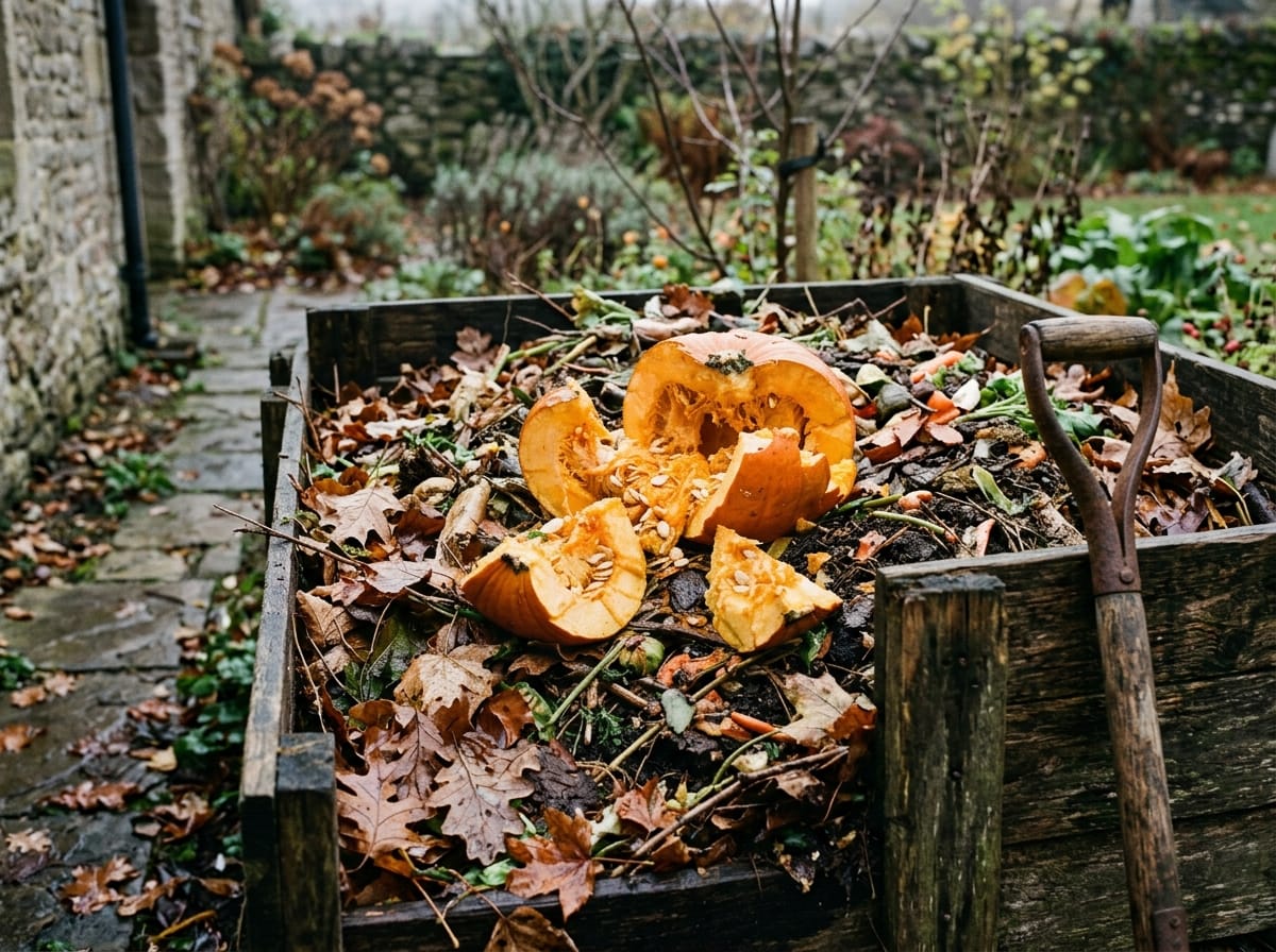 A softening pumpkin broken open on a compost pile with leaves