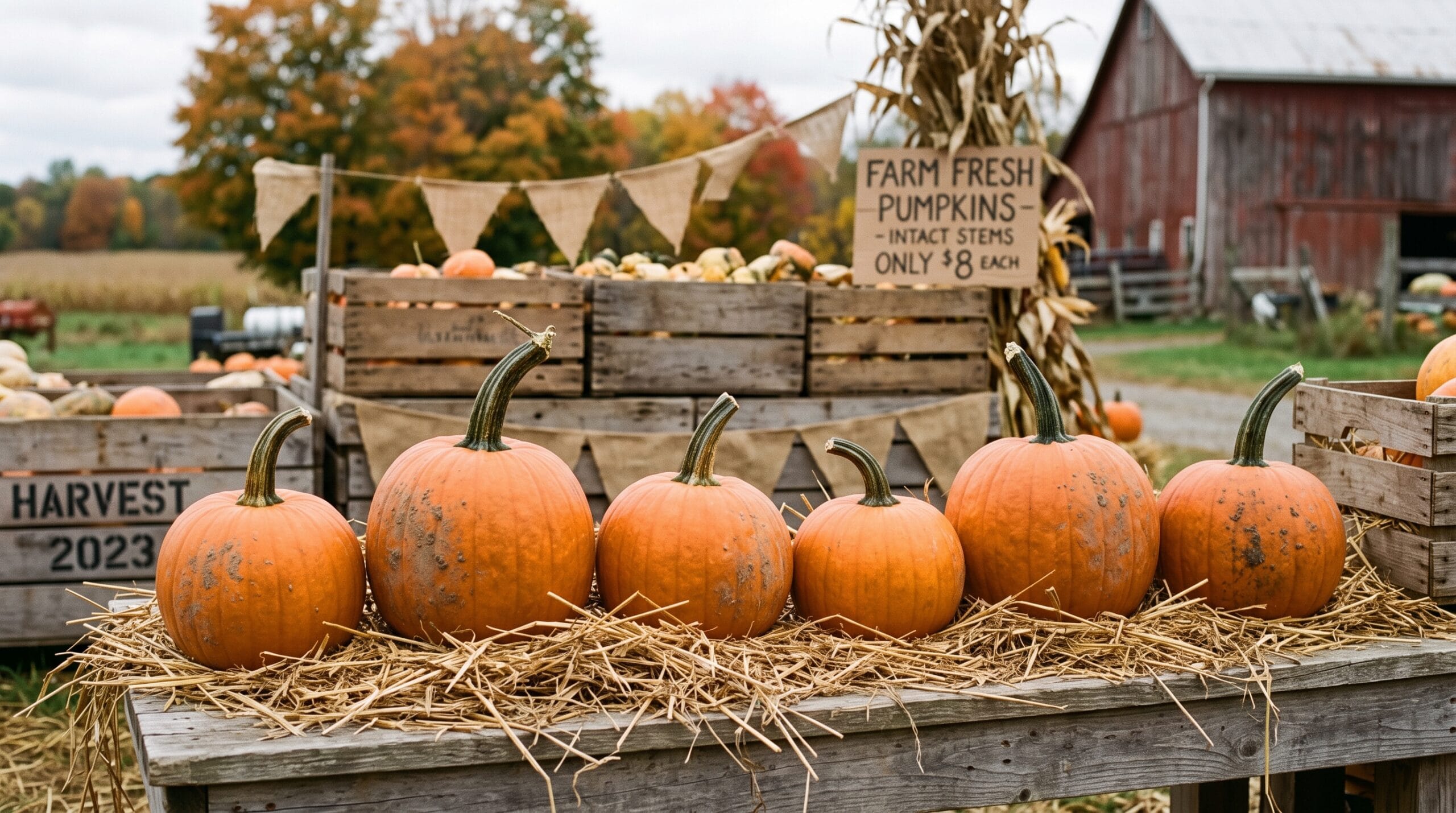 Uncarved pumpkins on straw at a farm stand with stems intact