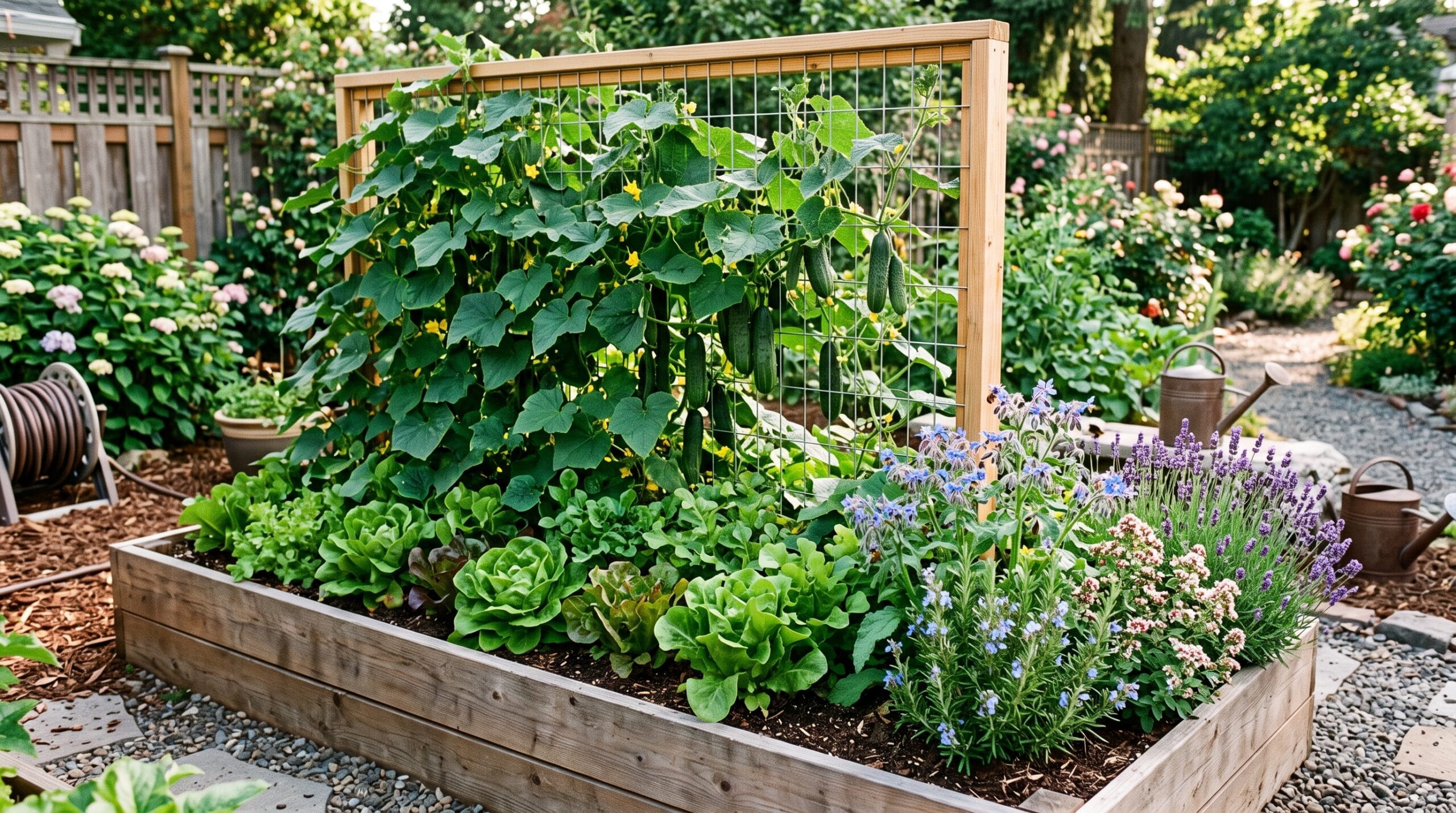 A raised bed with cucumbers on a trellis, lettuce at the base and flowering herbs at one end