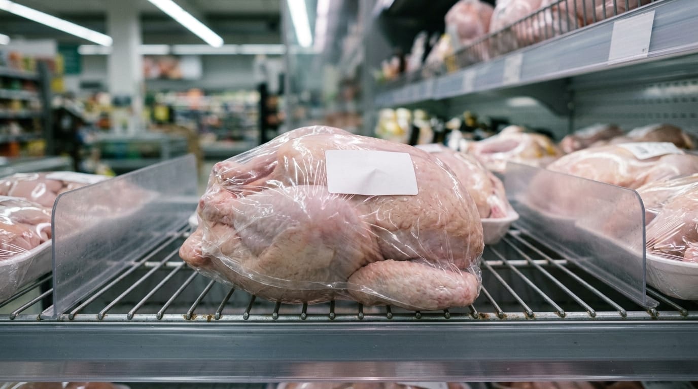 A packaged whole chicken on a shop shelf with raising claims on the label