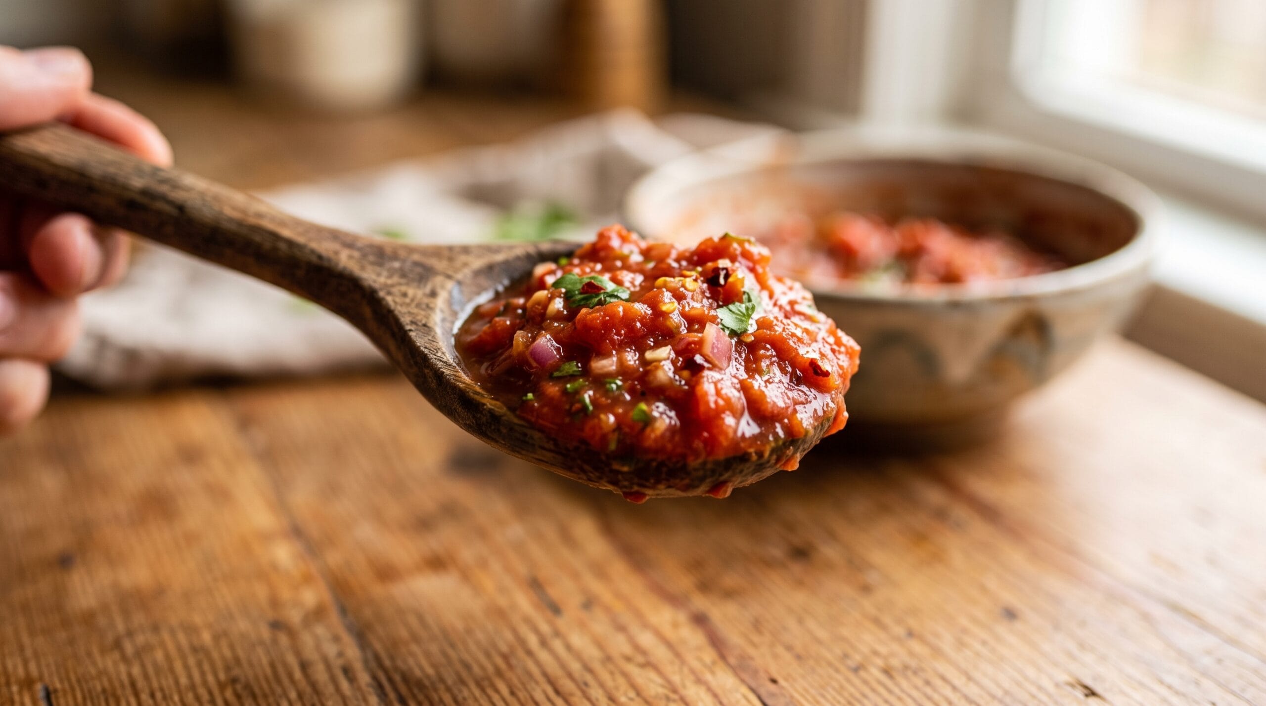 Thick red salsa on a wooden spoon showing it holds its shape