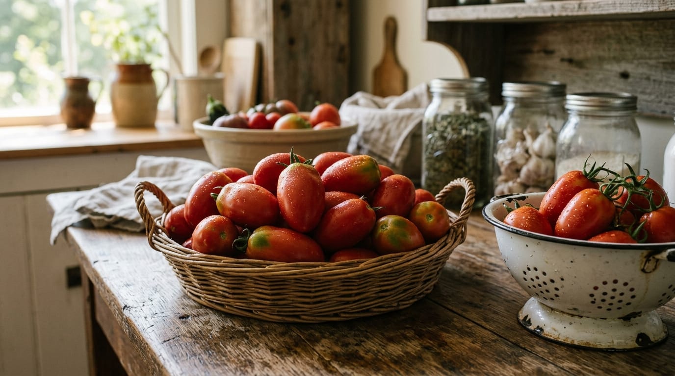 Firm ripe paste tomatoes in a shallow basket next to a colander