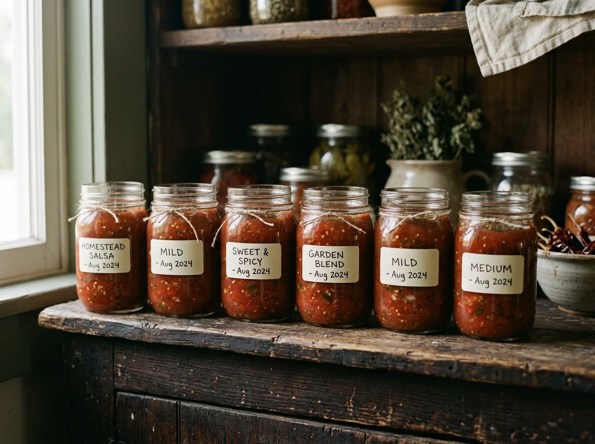 Sealed and labelled jars of salsa on a dark pantry shelf with bands removed
