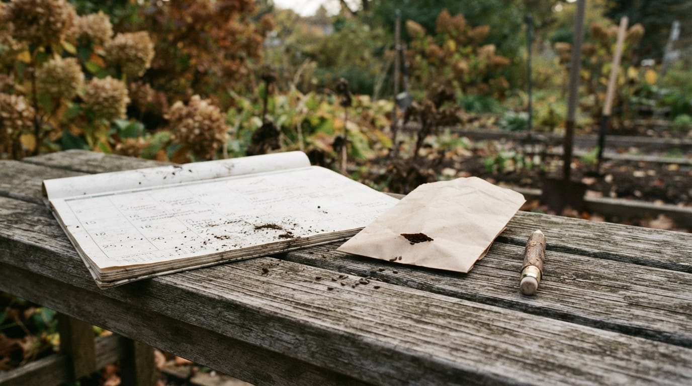 A seed packet, a pencil and a wall calendar on a garden bench
growing a fall garden