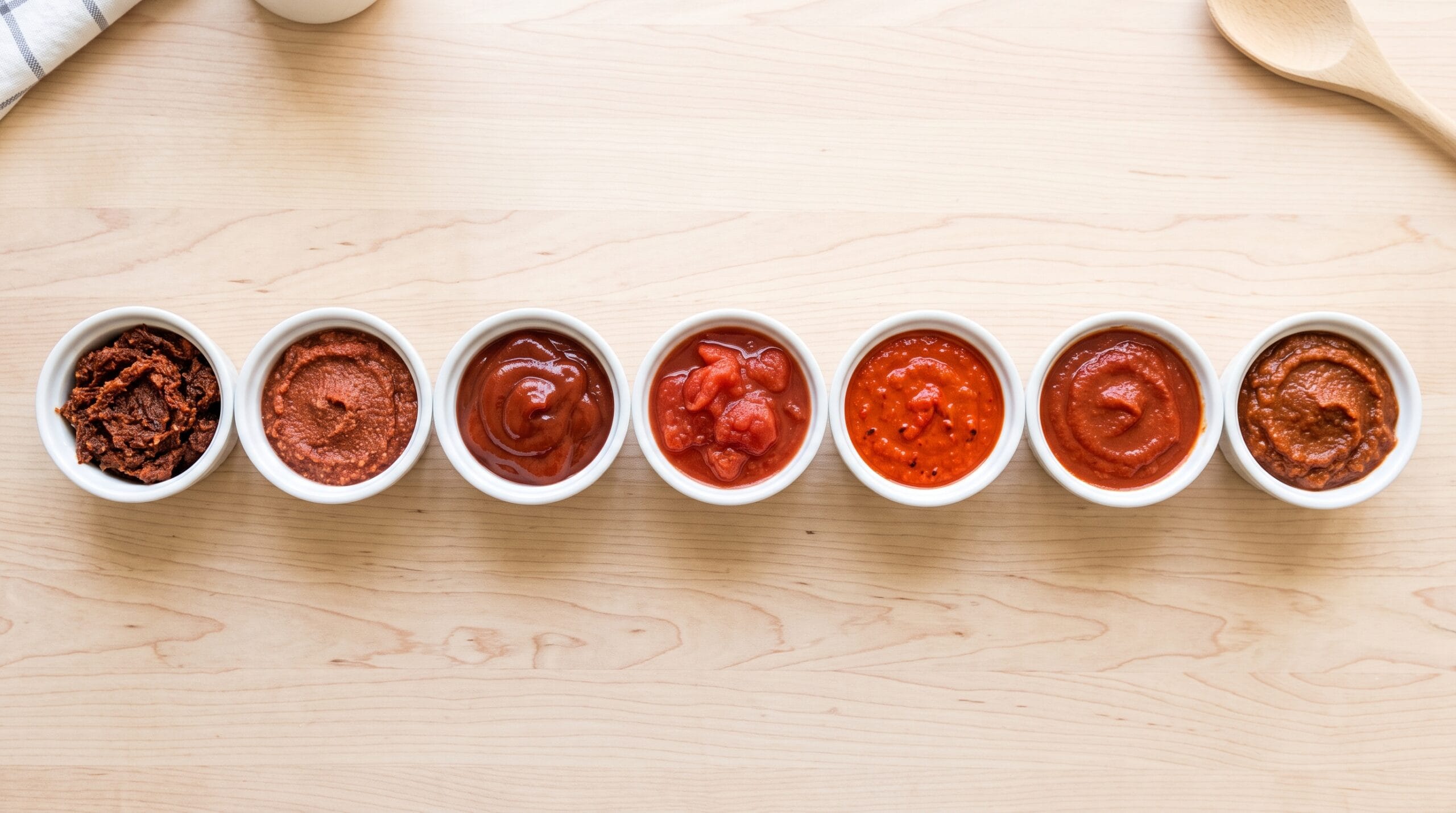 Seven tomato paste alternatives in white ramekins arranged on a pale wood counter.