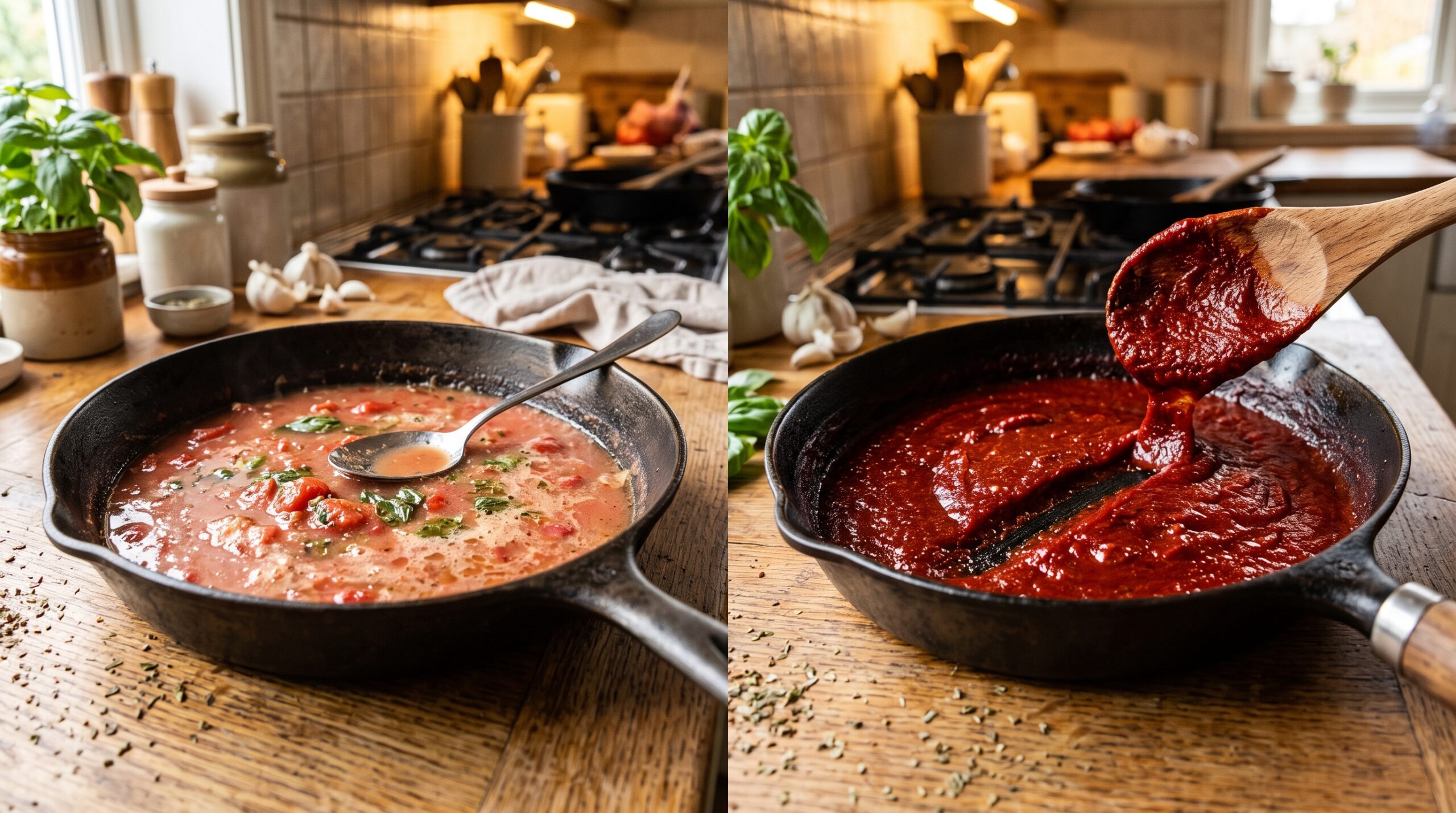 Watery tomato sauce and properly reduced tomato concentrate shown side by side in skillets, with a spoon trail indicating the thicker texture.