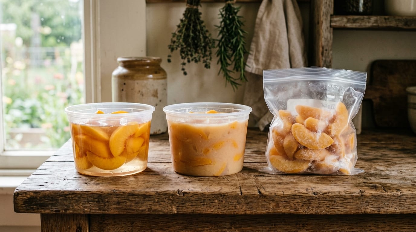 Three containers of frozen peaches side by side showing different packs
how to freeze peaches
