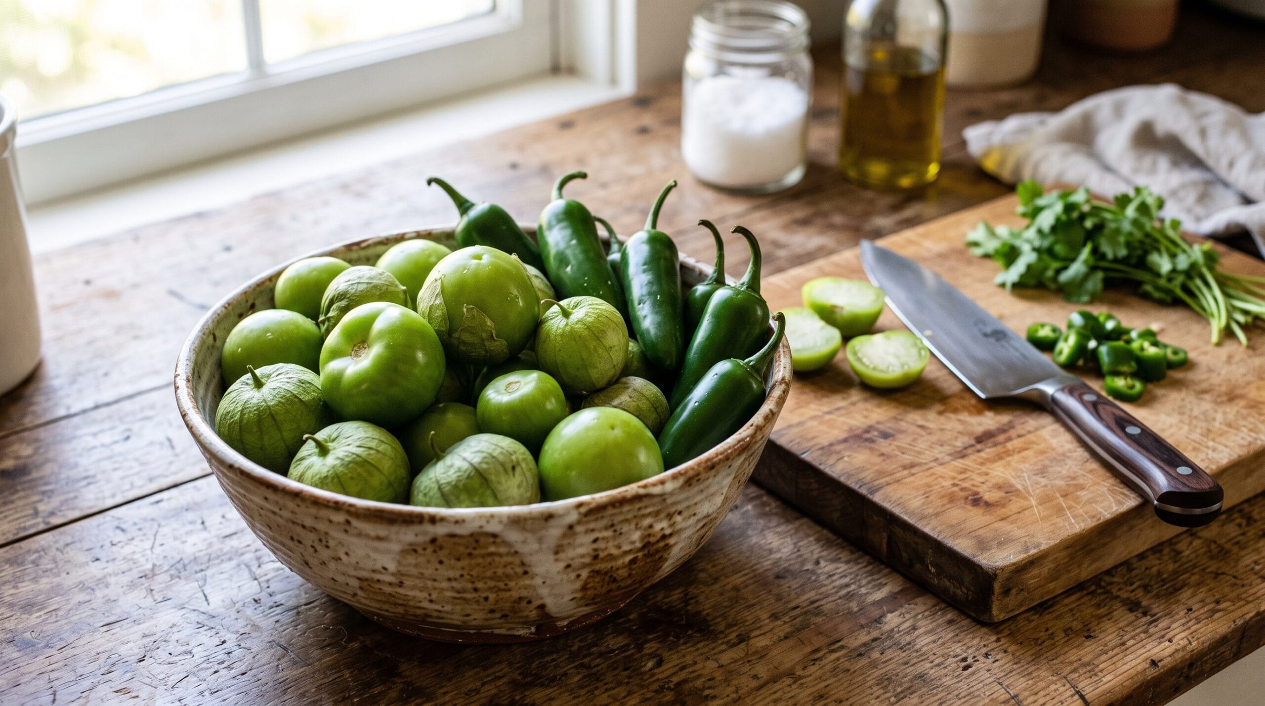 Husked tomatillos and jalapenos in a bowl ready for chopping