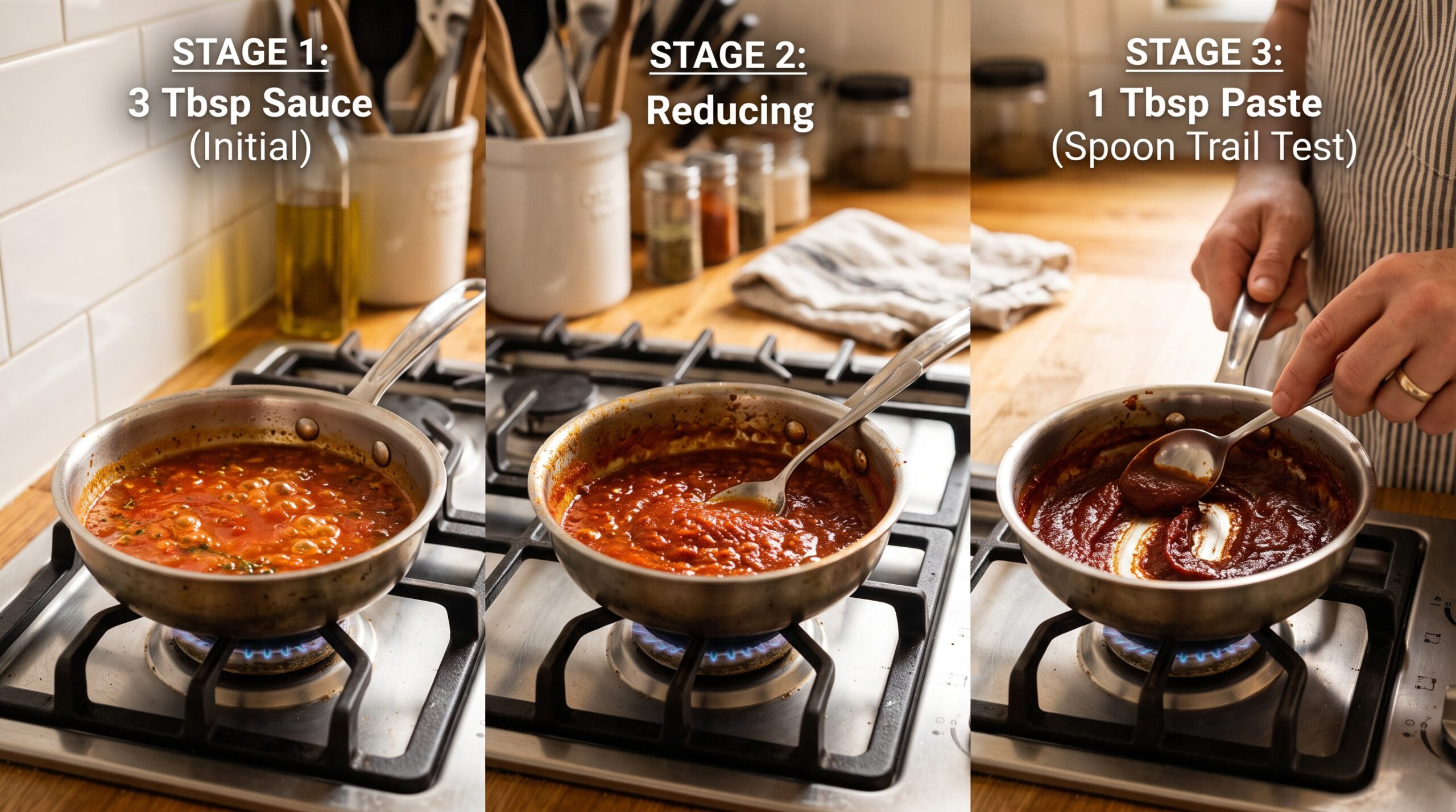 Three stages of tomato sauce reducing on the stovetop from 3 tablespoons to 1 tablespoon of thick paste, with a spoon trail showing doneness.