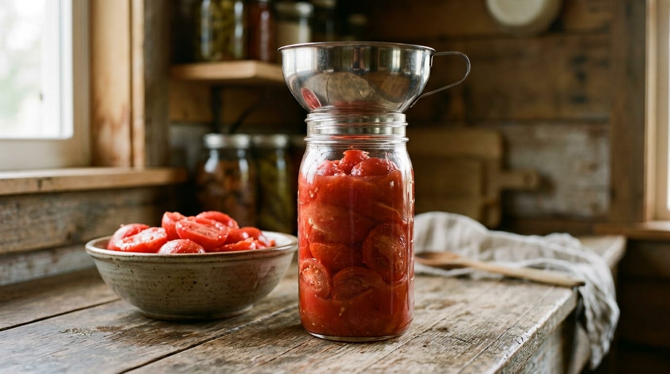 Halved raw tomatoes being packed into a glass canning jar with a funnel