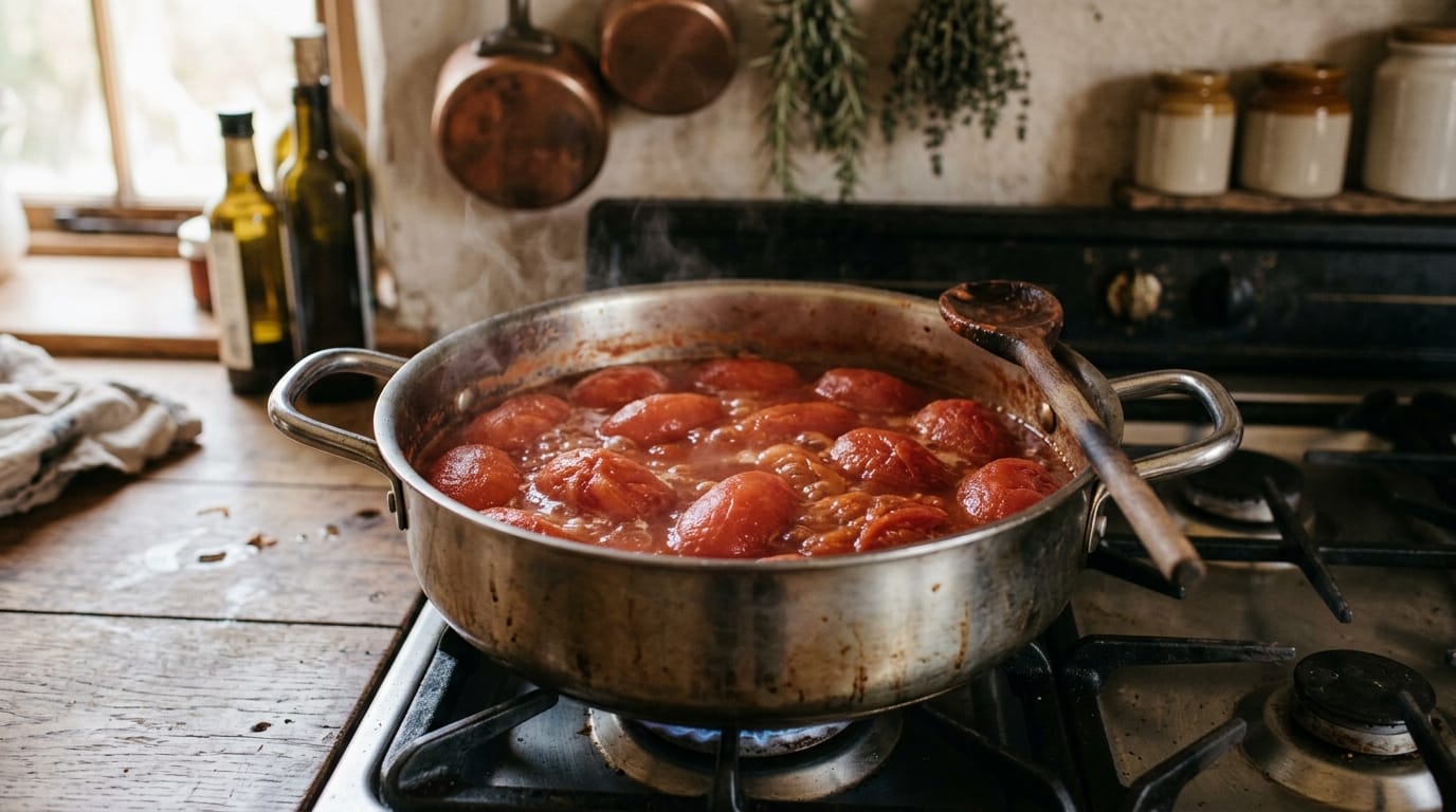 Peeled tomatoes simmering gently in a large stainless pot on the stove