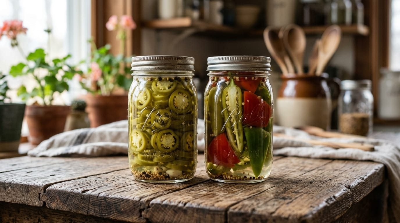 Two jars of pickled jalapenos side by side, one of rings and one of whole peppers
canning jalapenos