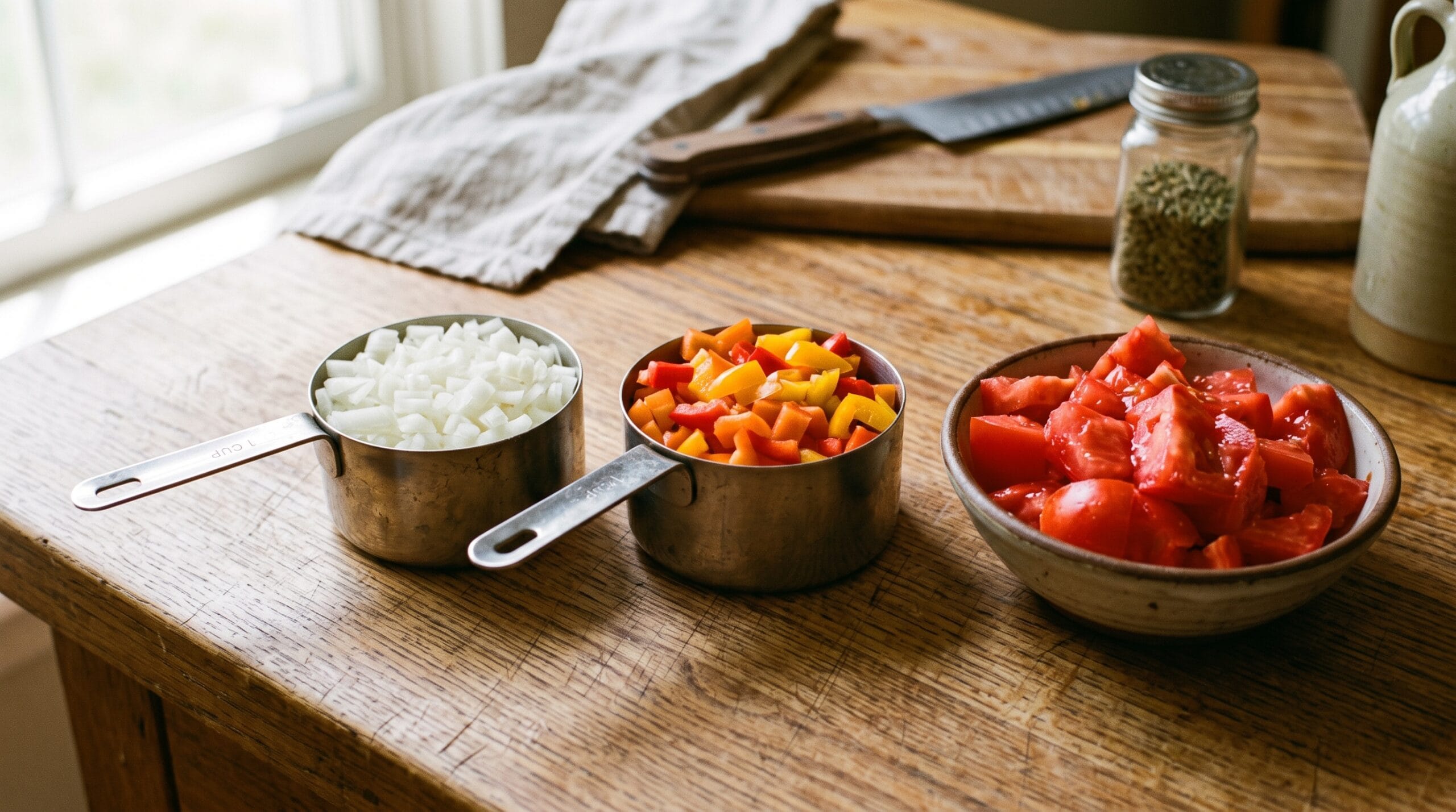 Diced onions and mixed peppers measured level in dry cups beside chopped tomatoes
best salsa recipes for canning