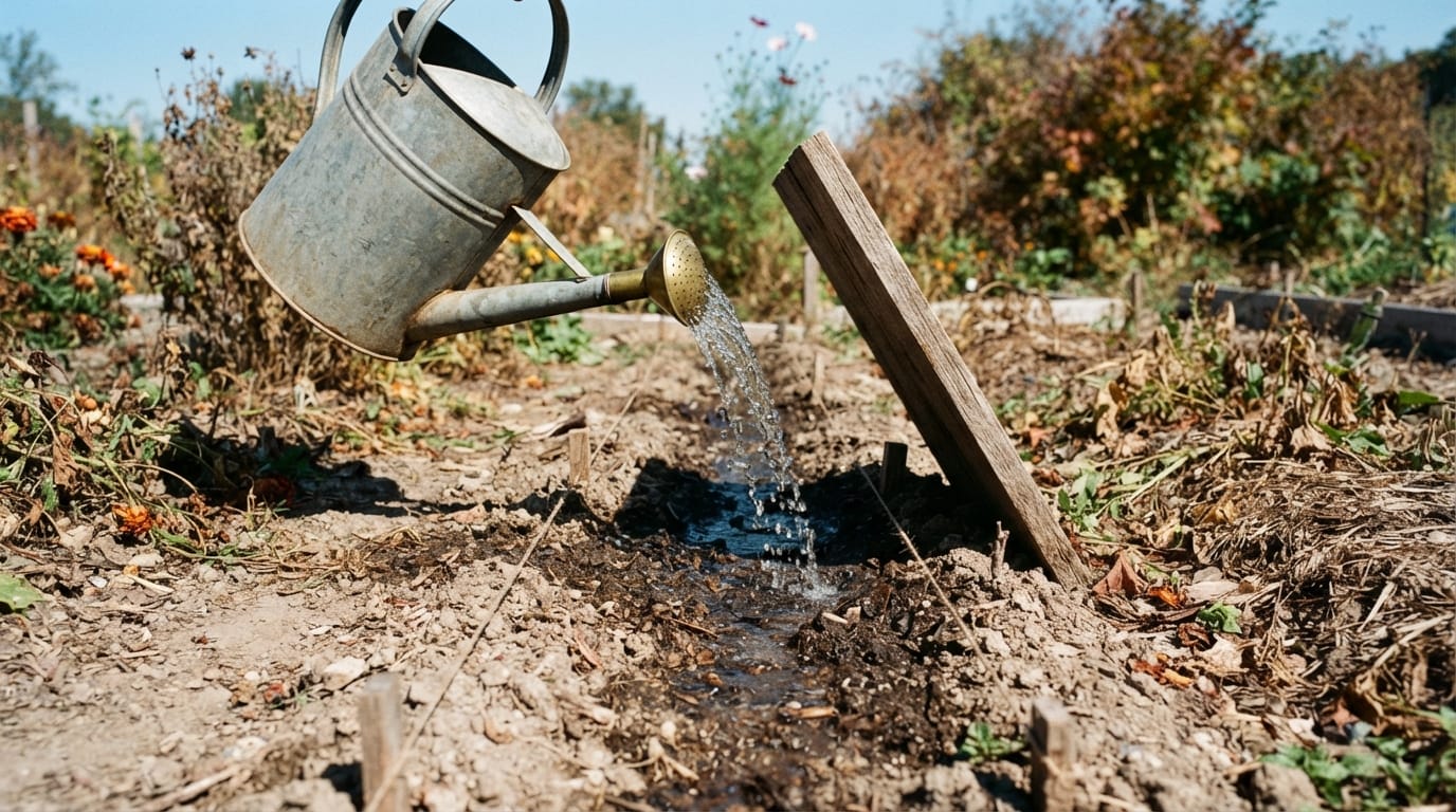 A watering can soaking a freshly sown seed row in dry summer soil