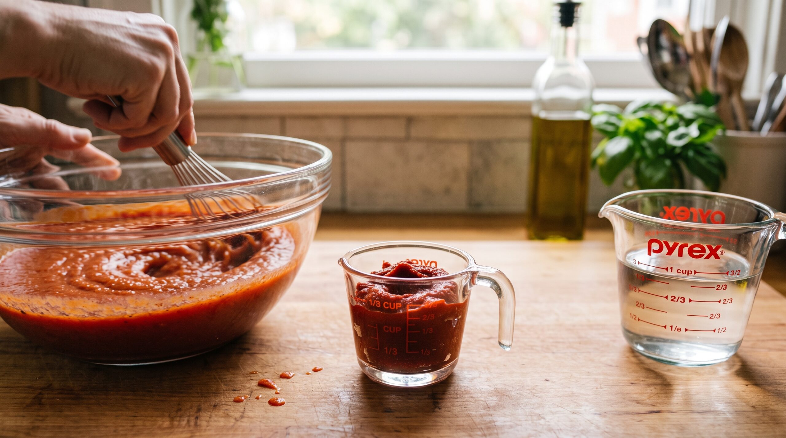 Tomato paste and water whisked into smooth tomato sauce using a ratio of 1/3 cup paste to 2/3 cup water.