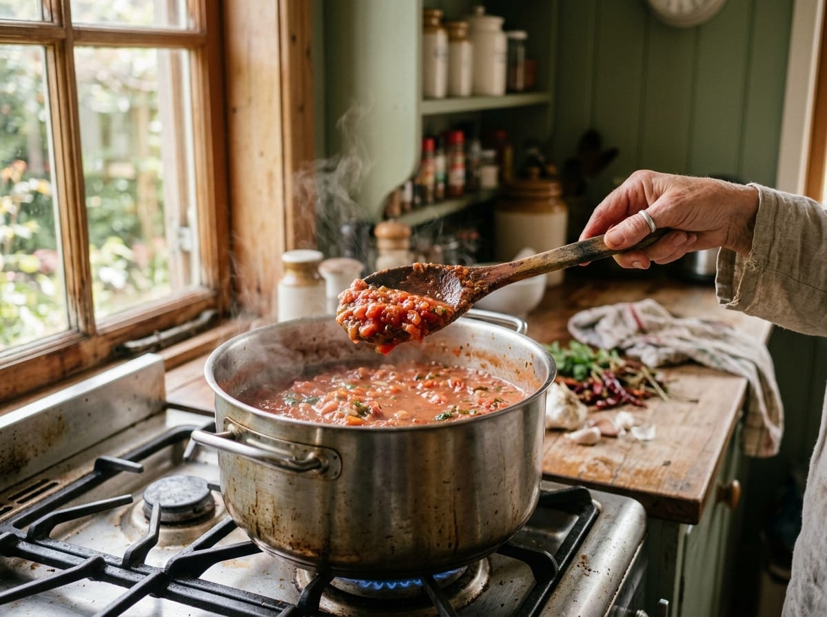 Chunky salsa simmering in a large stainless pot with a wooden spoon