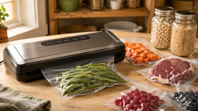 Vacuum sealer packaging green beans, meat, berries, and vegetables beside mason jars of dry goods.