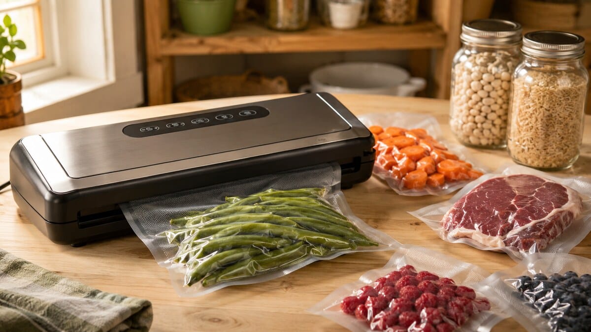 Vacuum sealer packaging green beans, meat, berries, and vegetables beside mason jars of dry goods.