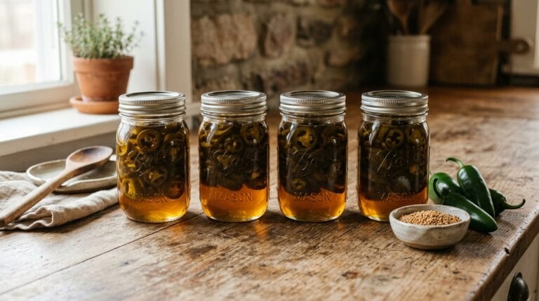 Sealed pint jars of cowboy candy cooling on a wooden kitchen counter