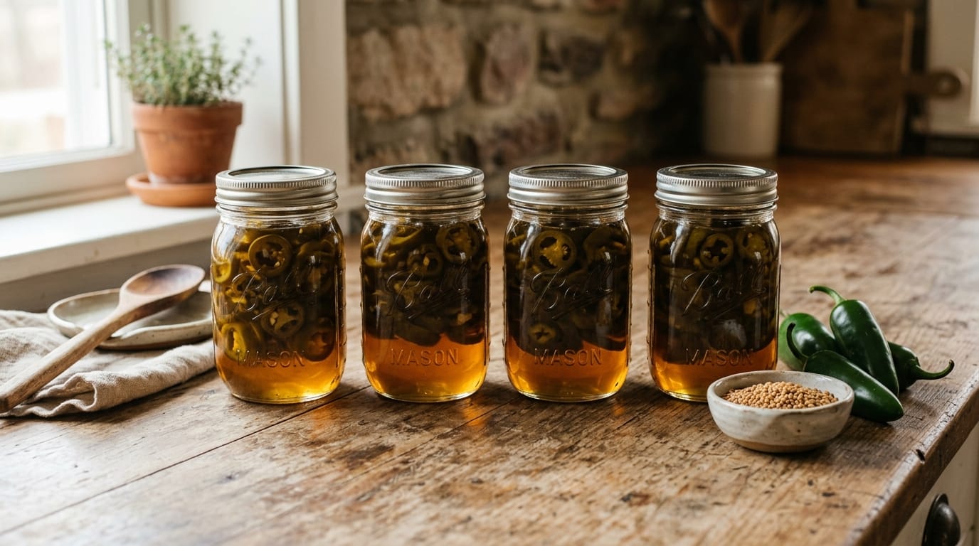 Sealed pint jars of cowboy candy cooling on a wooden kitchen counter