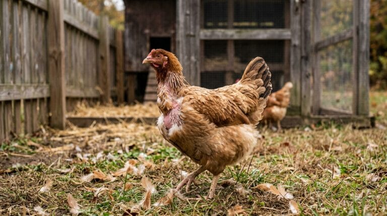 A molting hen with a bare neck standing in a yard scattered with feathers