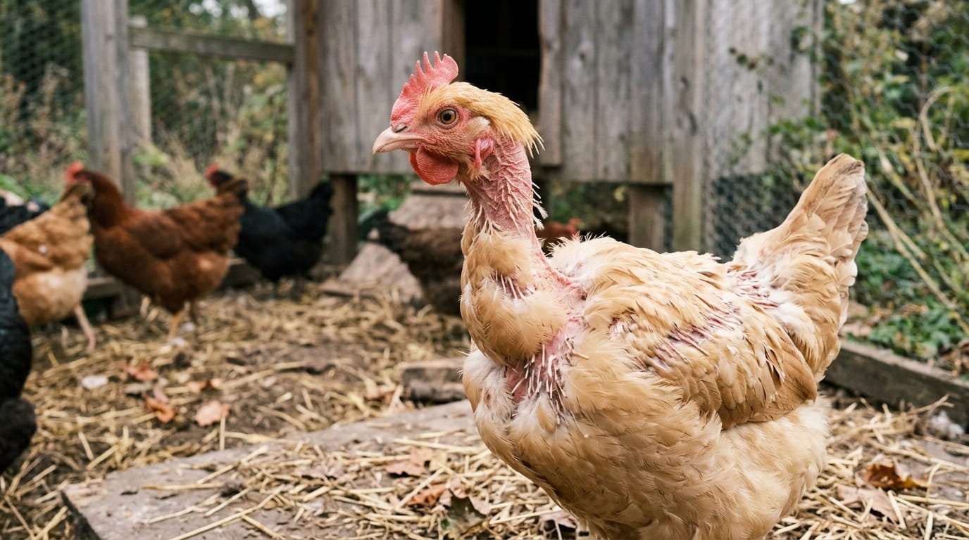 A hen mid-molt with a bare pink neck and patchy body feathers