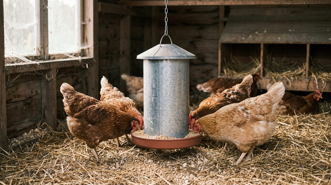 A feeder of complete chicken crumble in a coop