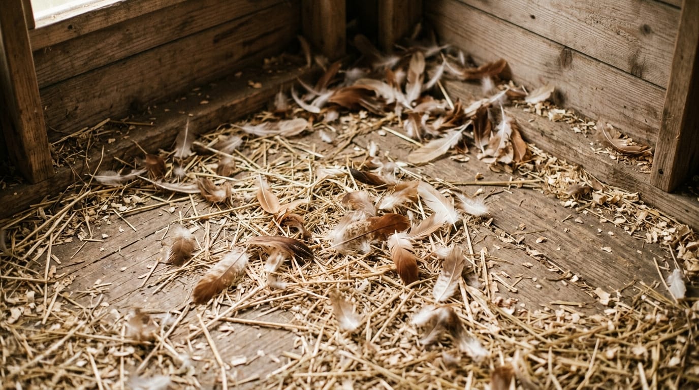 Loose chicken feathers scattered across the floor of a coop during a molt
molting chickens
chickens molting