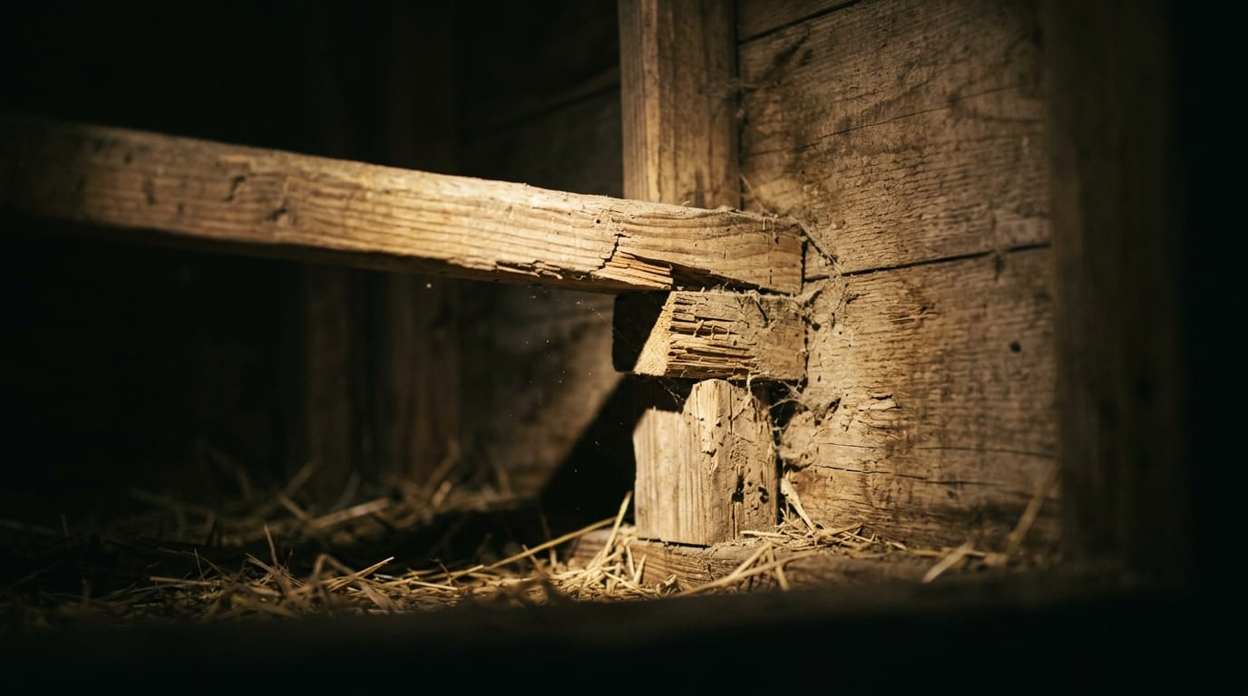 A flashlight beam on the underside of a wooden roost bar in a dark coop