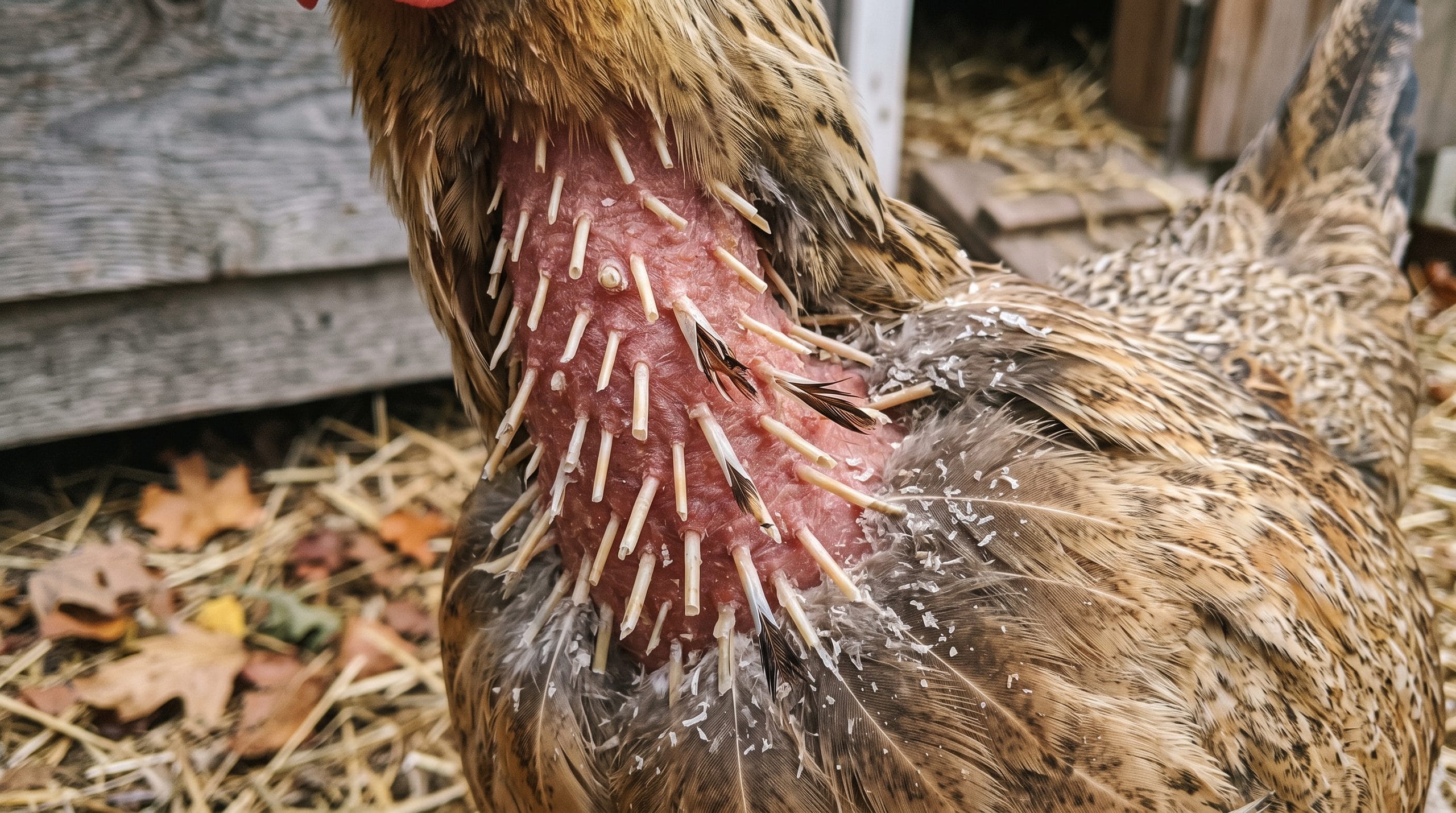 Close view of pin feathers and waxy sheaths emerging on a molting hen